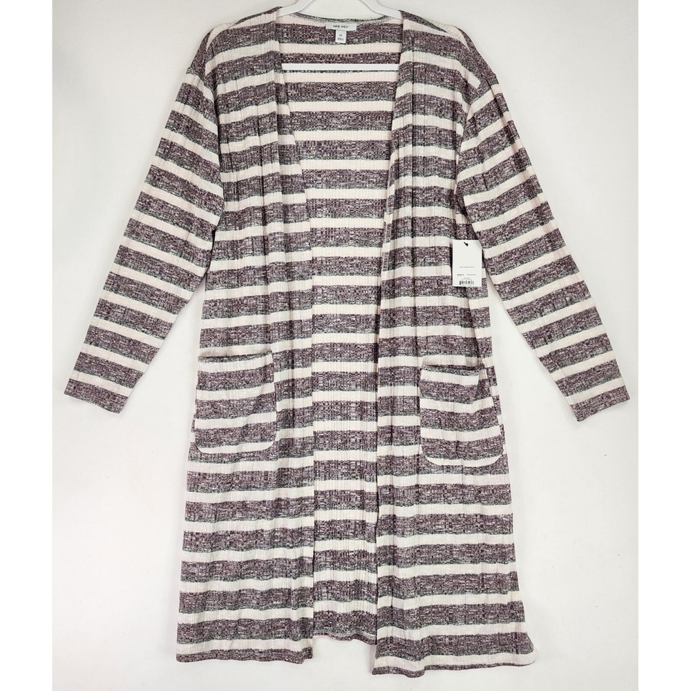 Nine West Caridgan Womens Medium Purple Striped Cozy Momcore Open Front Duster